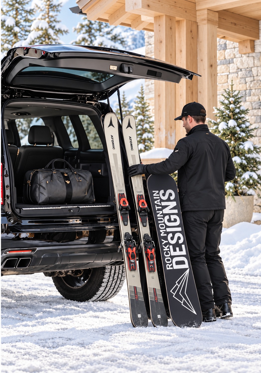 Ski equipment ready for collection at a mountain chalet