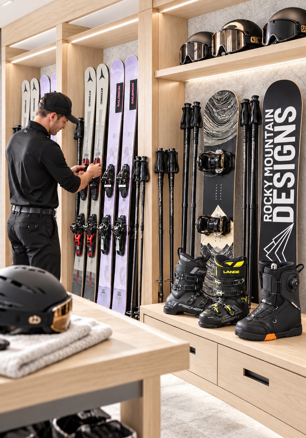 Ski equipment being carefully prepared