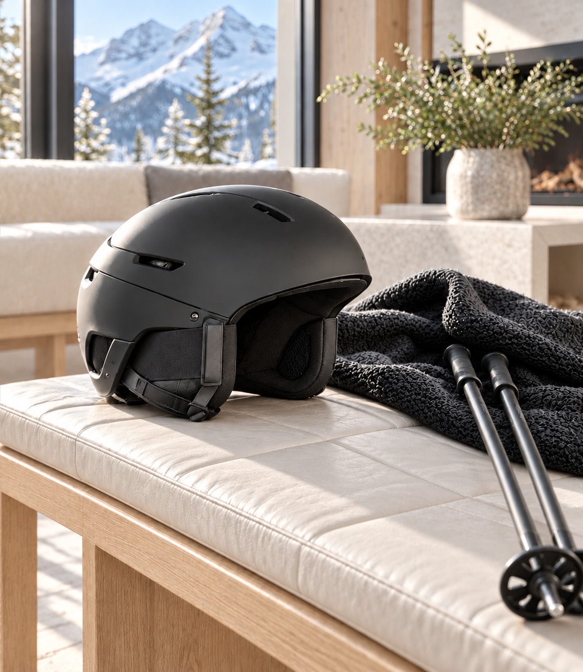 Black ski helmet and black ski poles in an alpine chalet