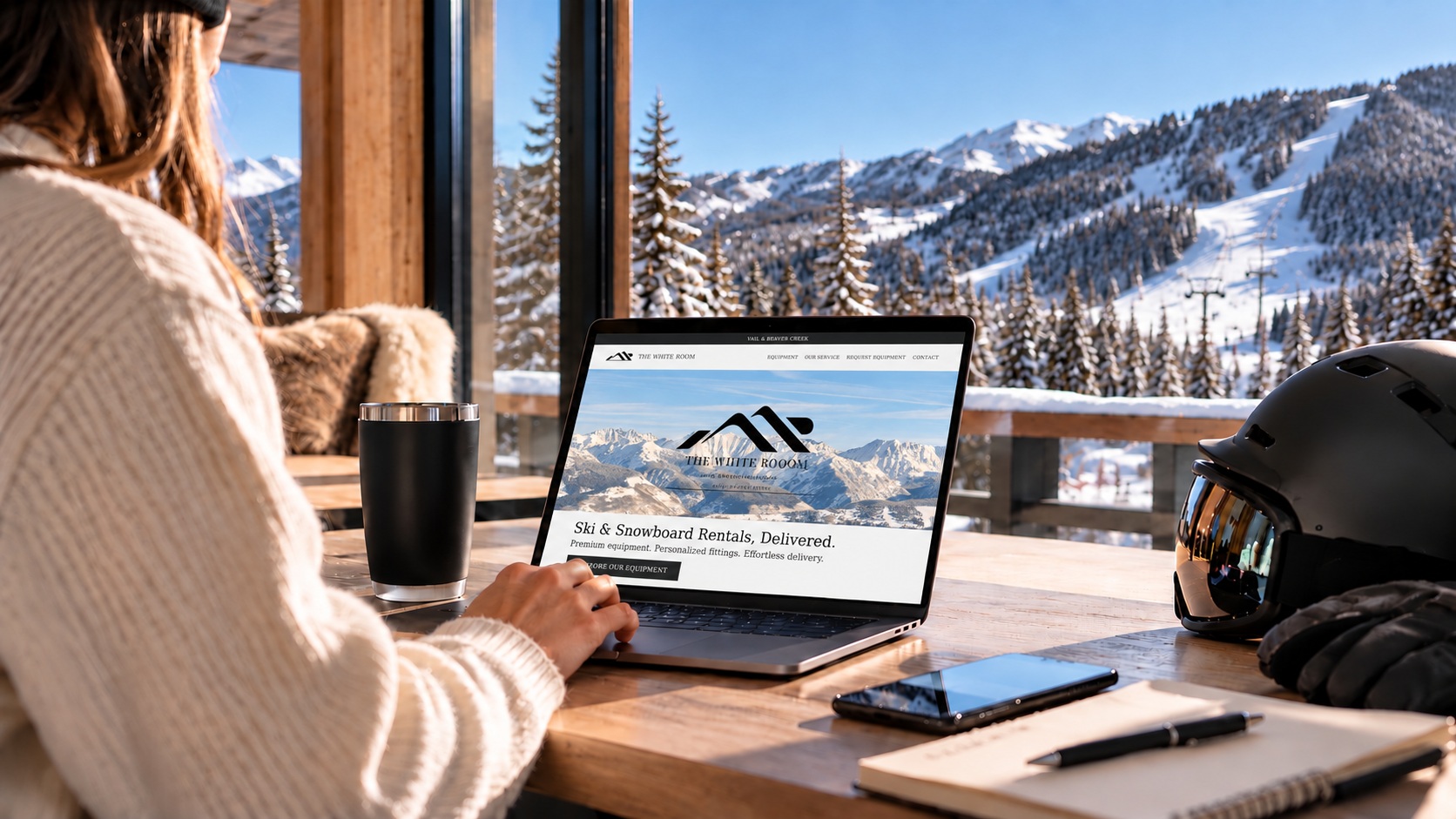 The White Room homepage and mountain logo on a laptop in a mountain chalet