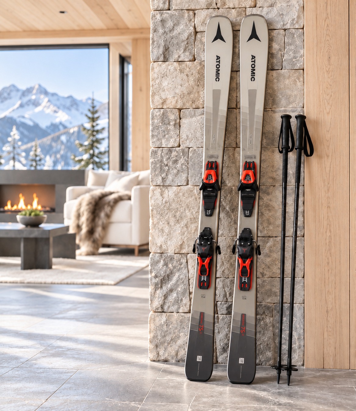 Skis with black ski poles in an alpine chalet