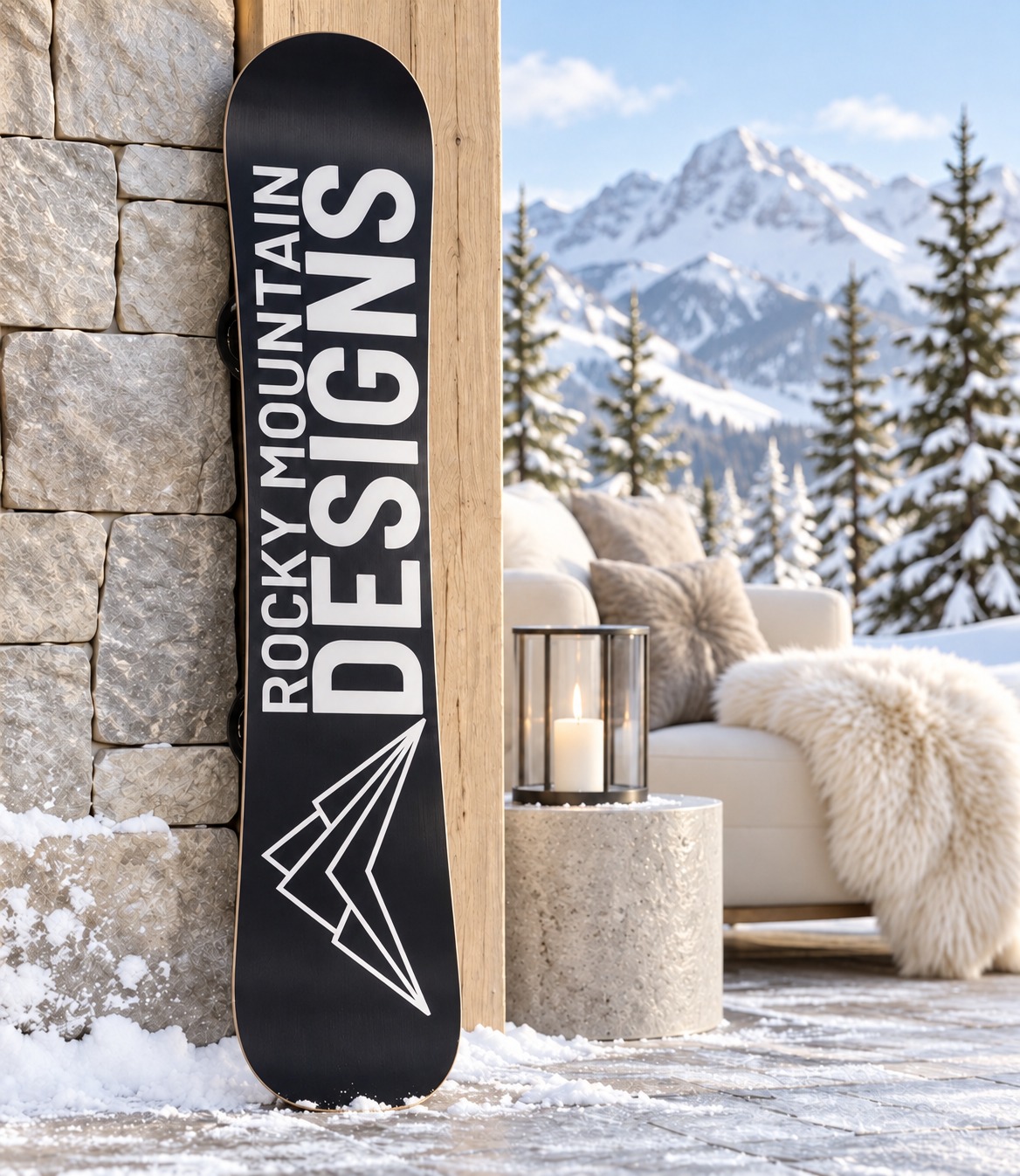 Rocky Mountain Designs snowboard in a mountain lodge